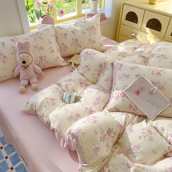 91家纺网 家纺一手货源 找家纺 颜选2025新款105克加厚双层纱木棉四件套（含买家秀） 双层纱花期