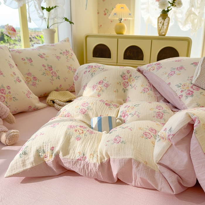 91家纺网 家纺一手货源 找家纺 颜选2025新款105克加厚双层纱木棉四件套（含买家秀） 双层纱花期