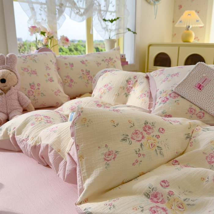 91家纺网 家纺一手货源 找家纺 颜选2025新款105克加厚双层纱木棉四件套（含买家秀） 双层纱花期