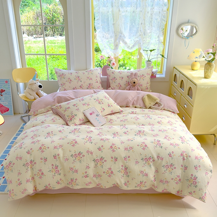 91家纺网 家纺一手货源 找家纺 颜选2025新款105克加厚双层纱木棉四件套（含买家秀） 双层纱花期