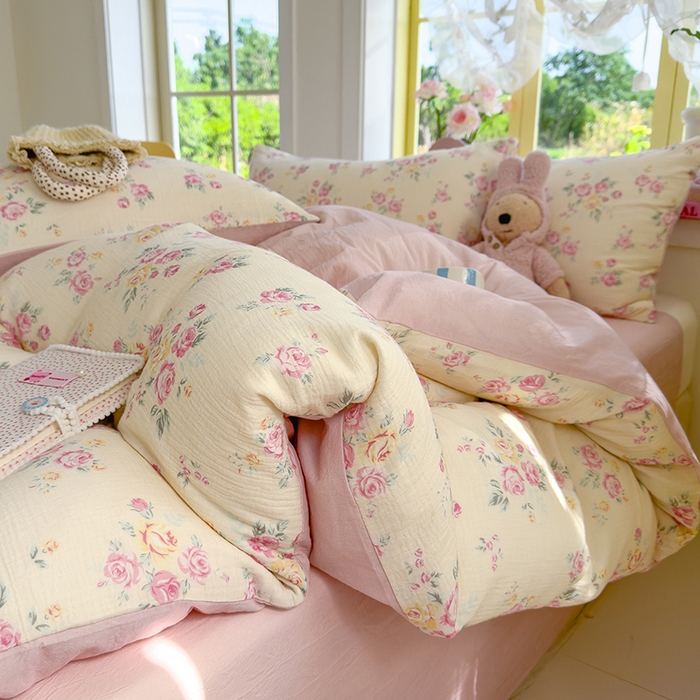 91家纺网 家纺一手货源 找家纺 颜选2025新款105克加厚双层纱木棉四件套（含买家秀） 双层纱花期