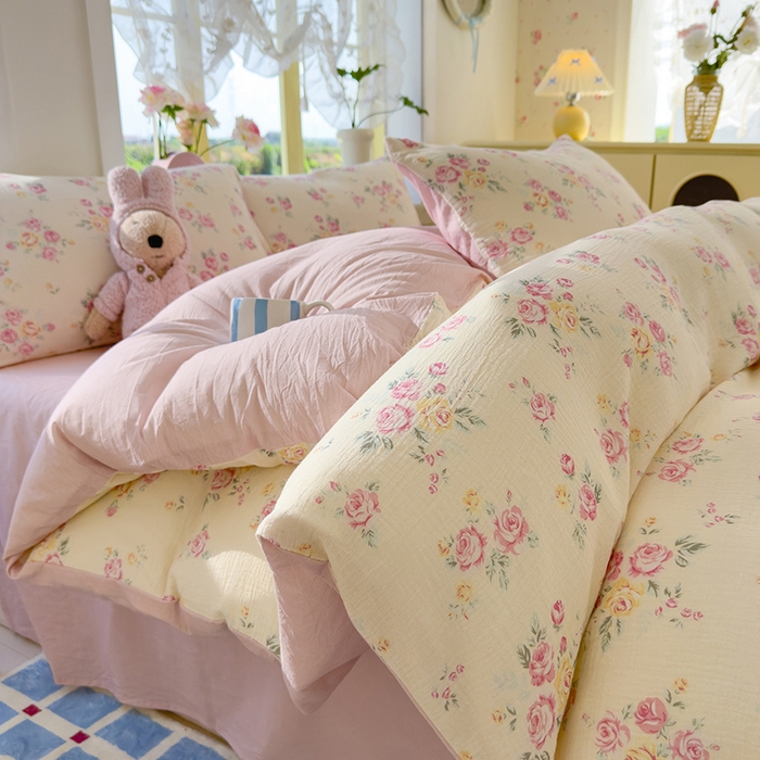 91家纺网 家纺一手货源 找家纺 颜选2025新款105克加厚双层纱木棉四件套（含买家秀） 双层纱花期