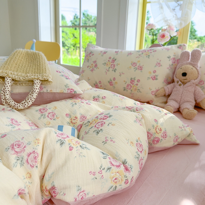 91家纺网 家纺一手货源 找家纺 颜选2025新款105克加厚双层纱木棉四件套（含买家秀） 双层纱花期