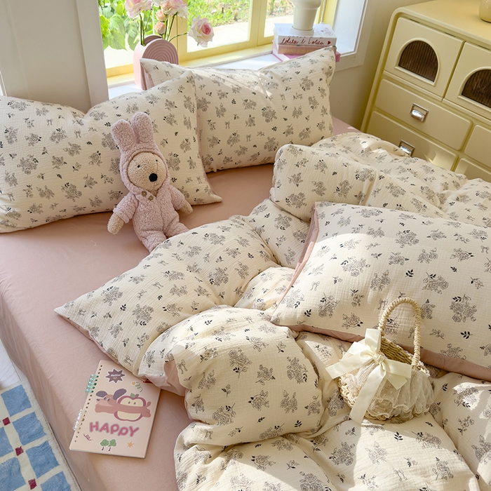 91家纺网 家纺一手货源 找家纺 颜选2025新款105克加厚双层纱木棉四件套（含买家秀） 素笺花语