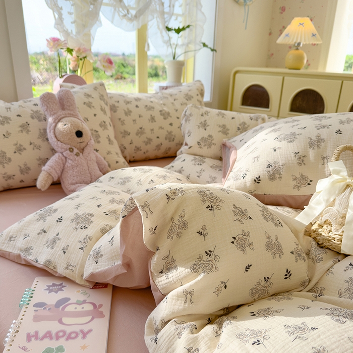 91家纺网 家纺一手货源 找家纺 颜选2025新款105克加厚双层纱木棉四件套（含买家秀） 素笺花语