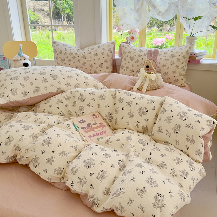 91家纺网 家纺一手货源 找家纺 颜选2025新款105克加厚双层纱木棉四件套（含买家秀） 素笺花语