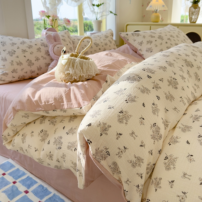 91家纺网 家纺一手货源 找家纺 颜选2025新款105克加厚双层纱木棉四件套（含买家秀） 素笺花语