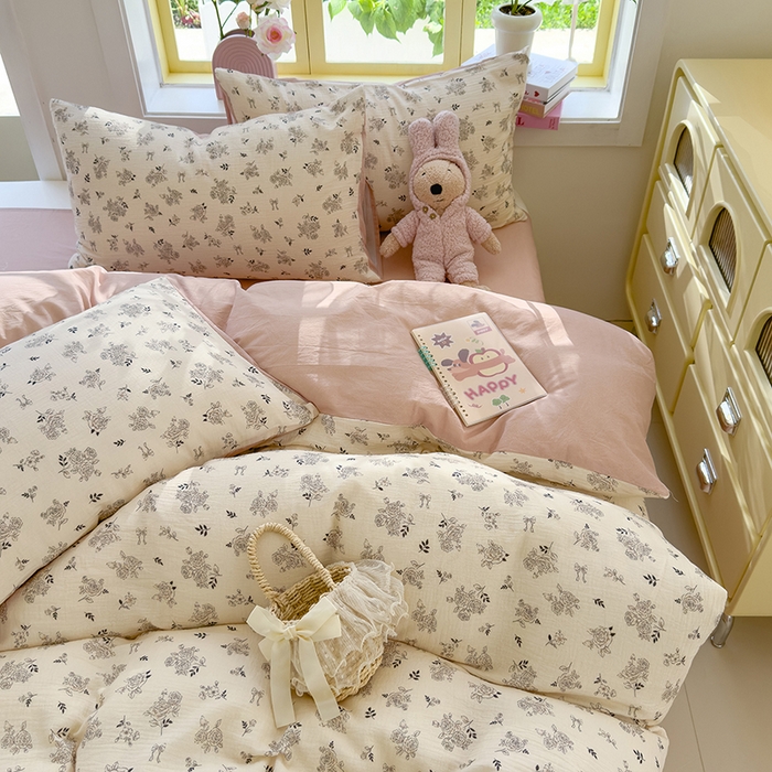 91家纺网 家纺一手货源 找家纺 颜选2025新款105克加厚双层纱木棉四件套（含买家秀） 素笺花语