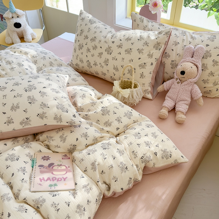 91家纺网 家纺一手货源 找家纺 颜选2025新款105克加厚双层纱木棉四件套（含买家秀） 素笺花语