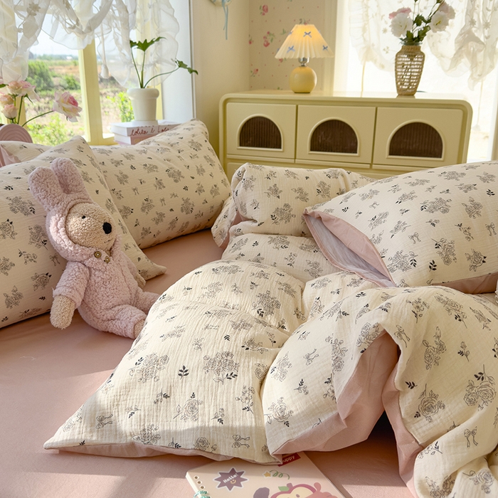 91家纺网 家纺一手货源 找家纺 颜选2025新款105克加厚双层纱木棉四件套（含买家秀） 素笺花语