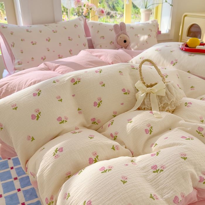 91家纺网 家纺一手货源 找家纺 颜选2025新款105克加厚双层纱木棉四件套（含买家秀） 相思红豆