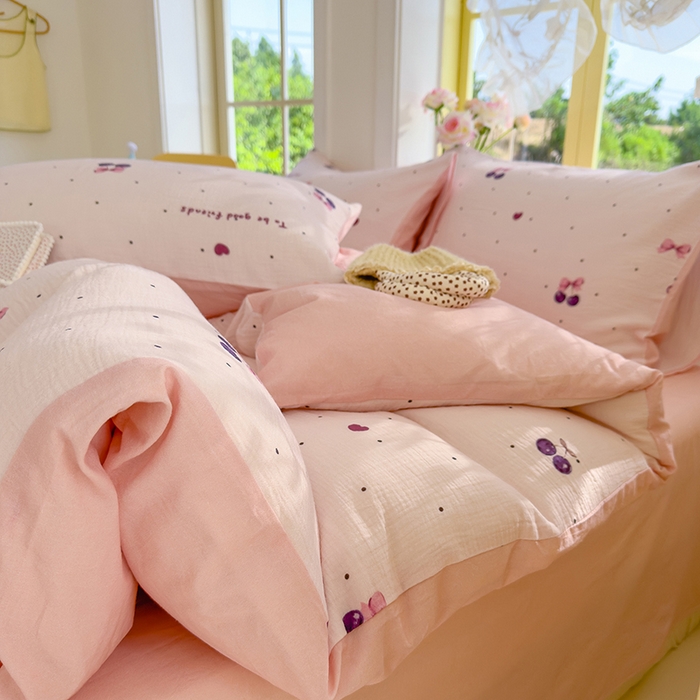 91家纺网 家纺一手货源 找家纺 颜选2025新款105克加厚双层纱木棉四件套（含买家秀） 樱桃