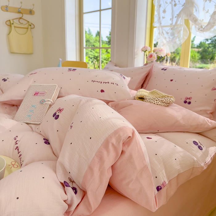 91家纺网 家纺一手货源 找家纺 颜选2025新款105克加厚双层纱木棉四件套（含买家秀） 樱桃