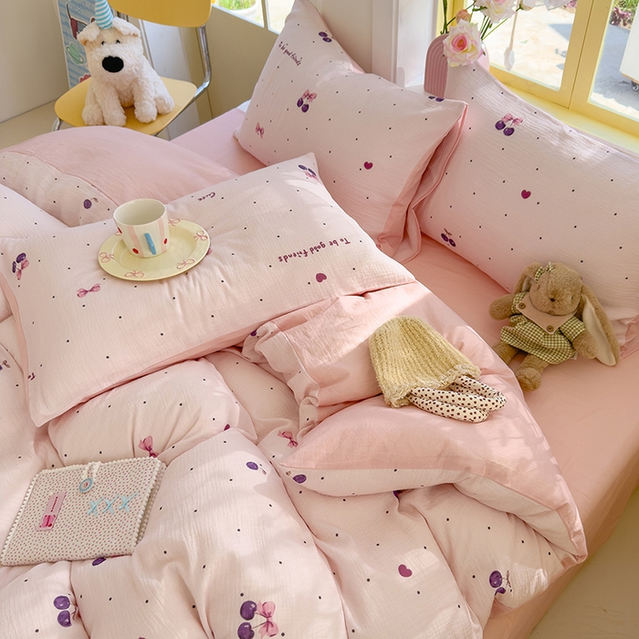 91家纺网 家纺一手货源 找家纺 颜选2025新款105克加厚双层纱木棉四件套（含买家秀） 樱桃