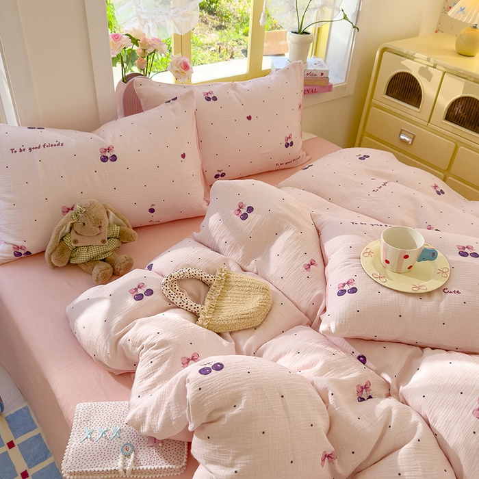 91家纺网 家纺一手货源 找家纺 颜选2025新款105克加厚双层纱木棉四件套（含买家秀） 樱桃