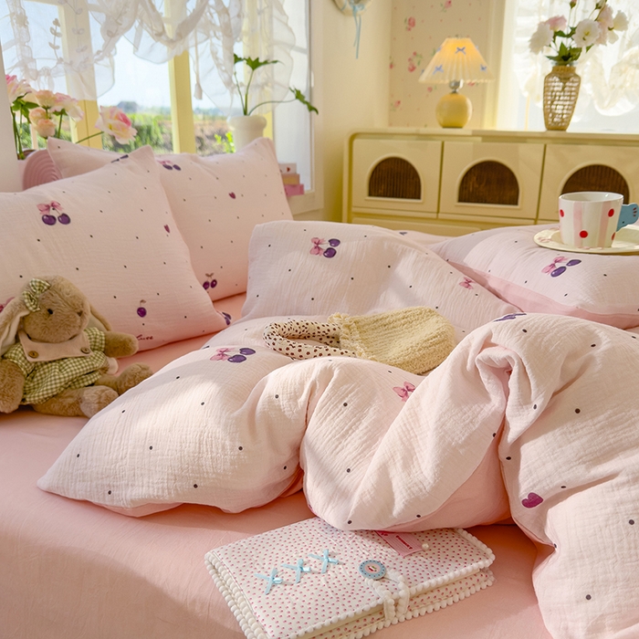 91家纺网 家纺一手货源 找家纺 颜选2025新款105克加厚双层纱木棉四件套（含买家秀） 樱桃