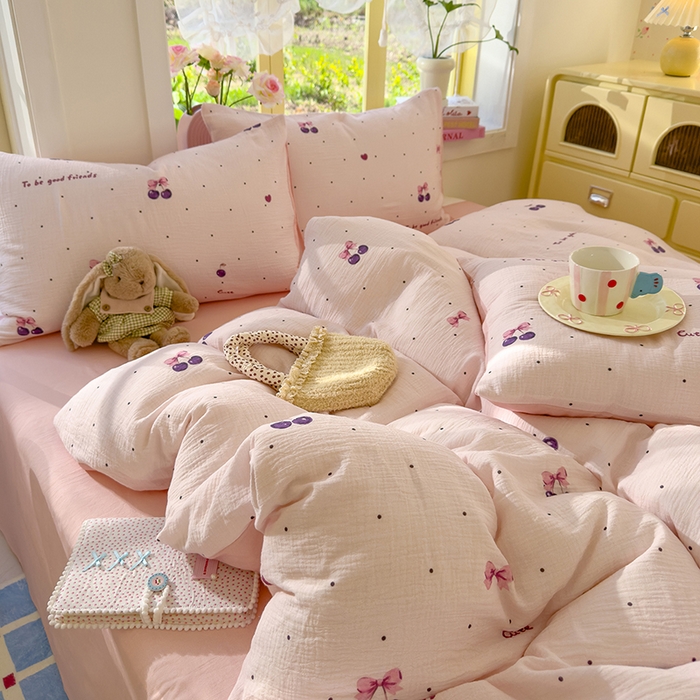 91家纺网 家纺一手货源 找家纺 颜选2025新款105克加厚双层纱木棉四件套（含买家秀） 樱桃