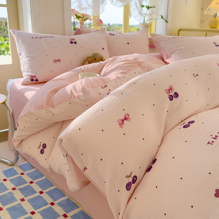 91家纺网 家纺一手货源 找家纺 颜选2025新款105克加厚双层纱木棉四件套（含买家秀） 樱桃