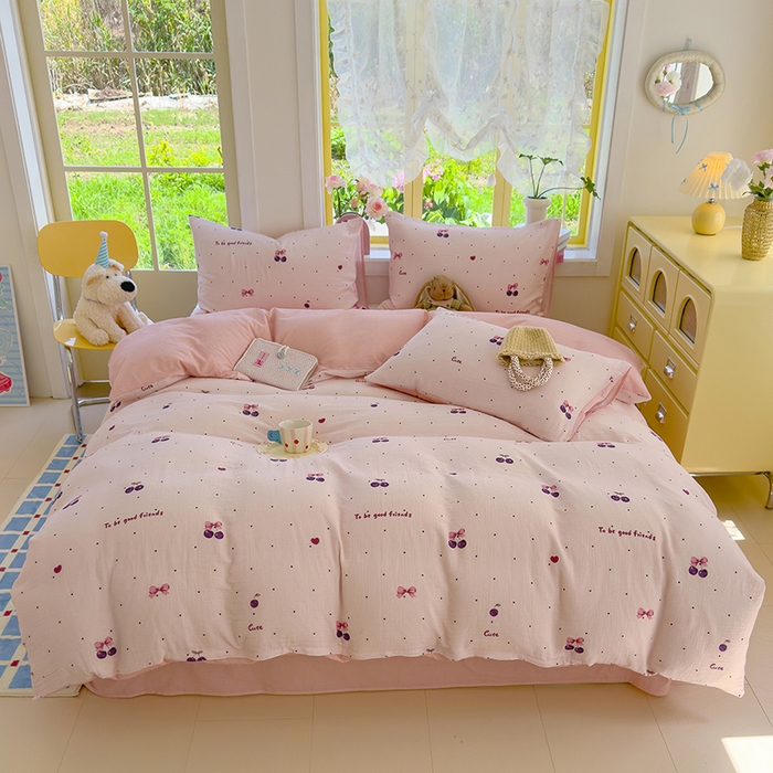 91家纺网 家纺一手货源 找家纺 颜选2025新款105克加厚双层纱木棉四件套（含买家秀） 樱桃