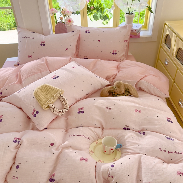 91家纺网 家纺一手货源 找家纺 颜选2025新款105克加厚双层纱木棉四件套（含买家秀） 樱桃