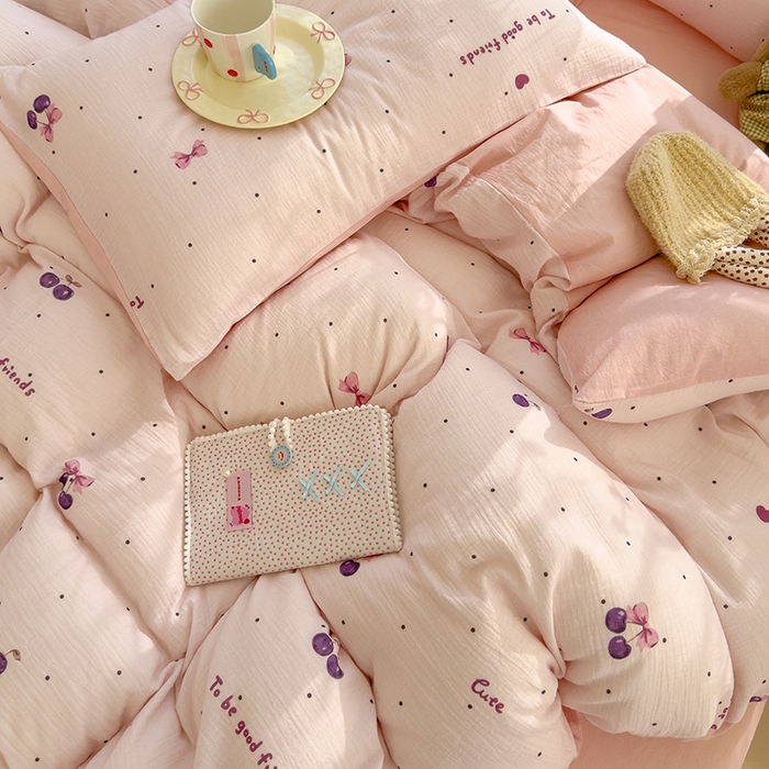 91家纺网 家纺一手货源 找家纺 颜选2025新款105克加厚双层纱木棉四件套（含买家秀） 樱桃