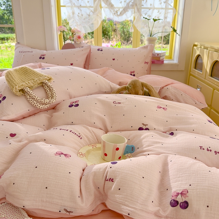 颜选2025新款105克加厚双层纱木棉四件套（含买家秀） 樱桃