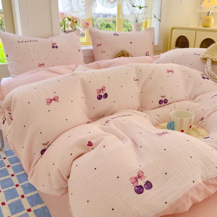 91家纺网 家纺一手货源 找家纺 颜选2025新款105克加厚双层纱木棉四件套（含买家秀） 樱桃