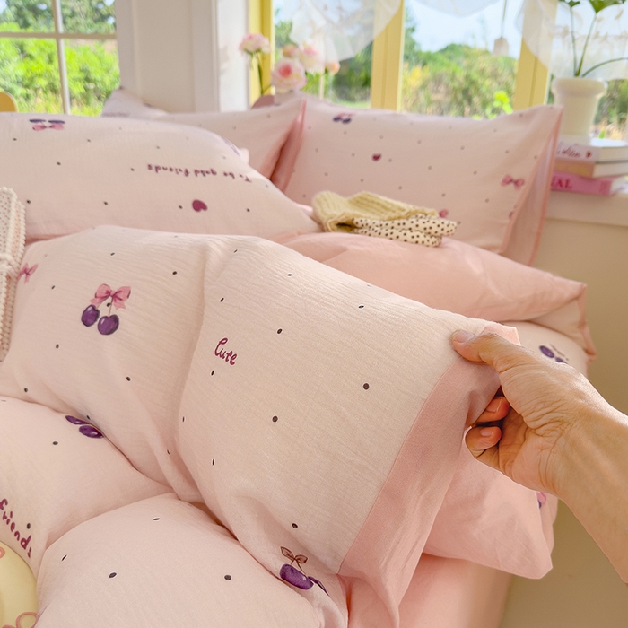 91家纺网 家纺一手货源 找家纺 颜选2025新款105克加厚双层纱木棉四件套（含买家秀） 樱桃