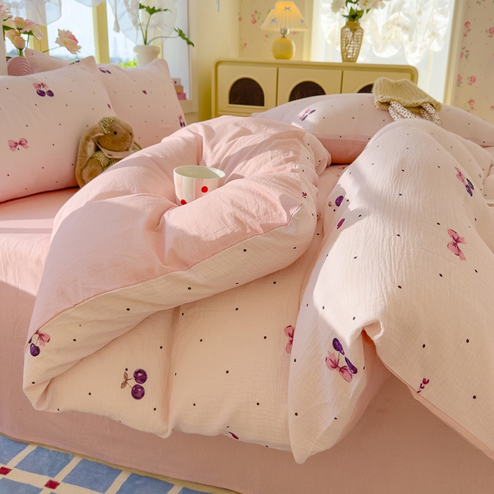 91家纺网 家纺一手货源 找家纺 颜选2025新款105克加厚双层纱木棉四件套（含买家秀） 樱桃