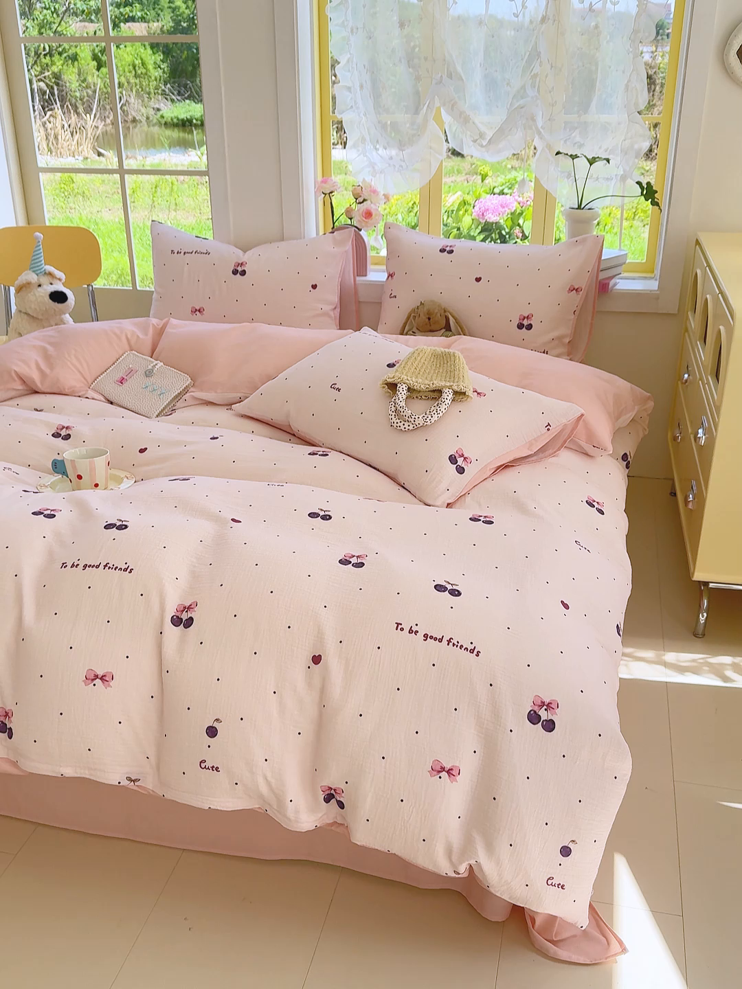 91家纺网 家纺一手货源 找家纺 颜选2025新款105克加厚双层纱木棉四件套（含买家秀） 樱桃