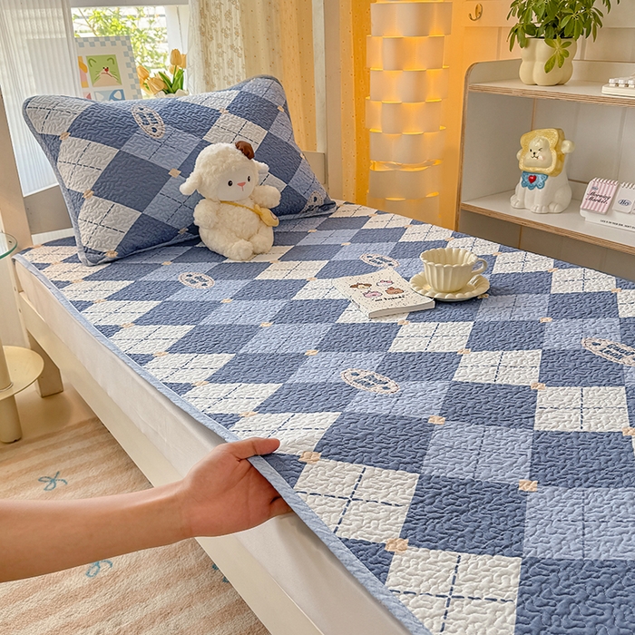 期遇家居 2025新款13372全棉印花学生床盖双面纯棉宿舍床盖 蓝格子