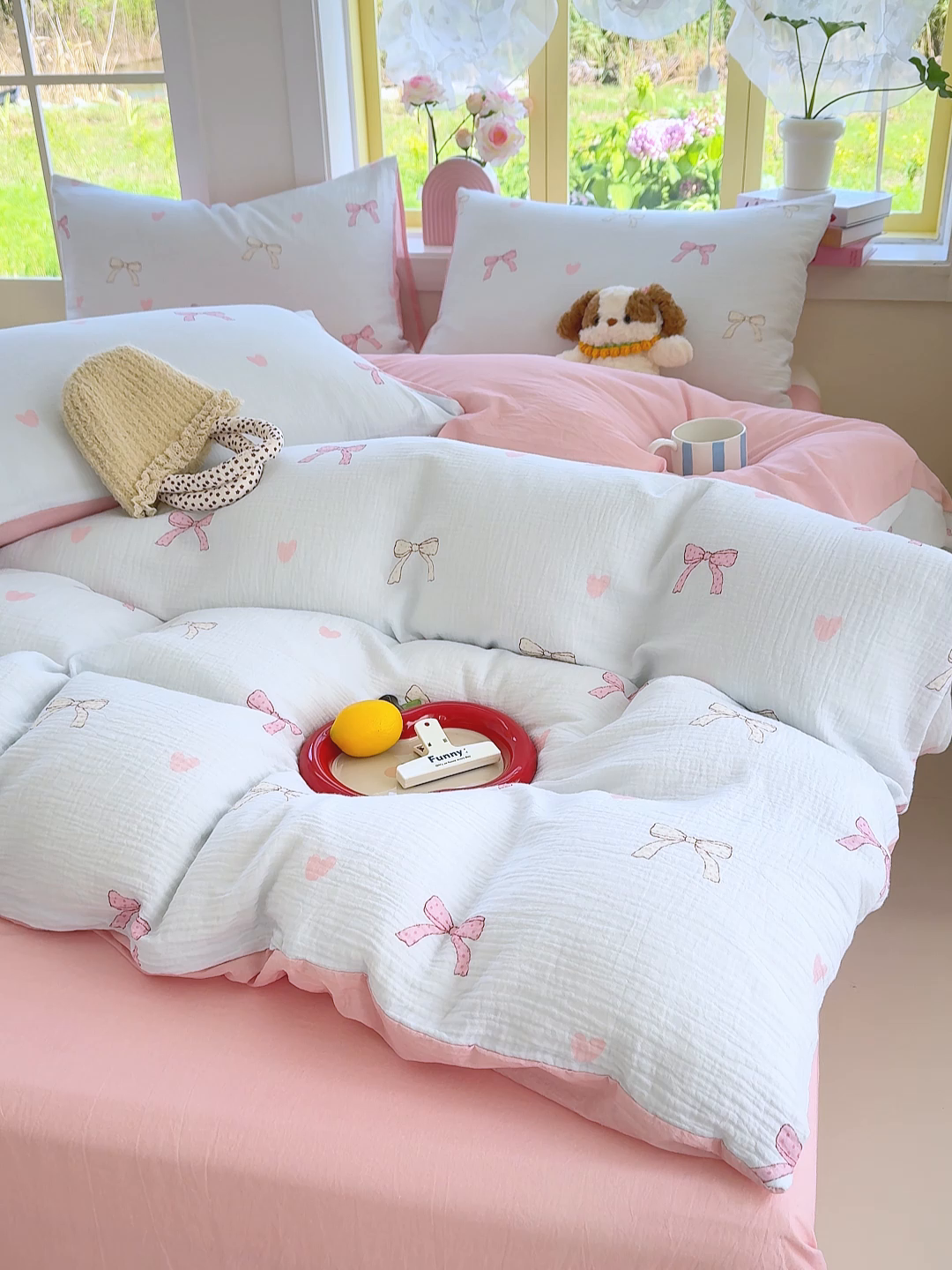 91家纺网 家纺一手货源 找家纺 颜选2025新款105克加厚双层纱木棉四件套（含买家秀） 蝴蝶结