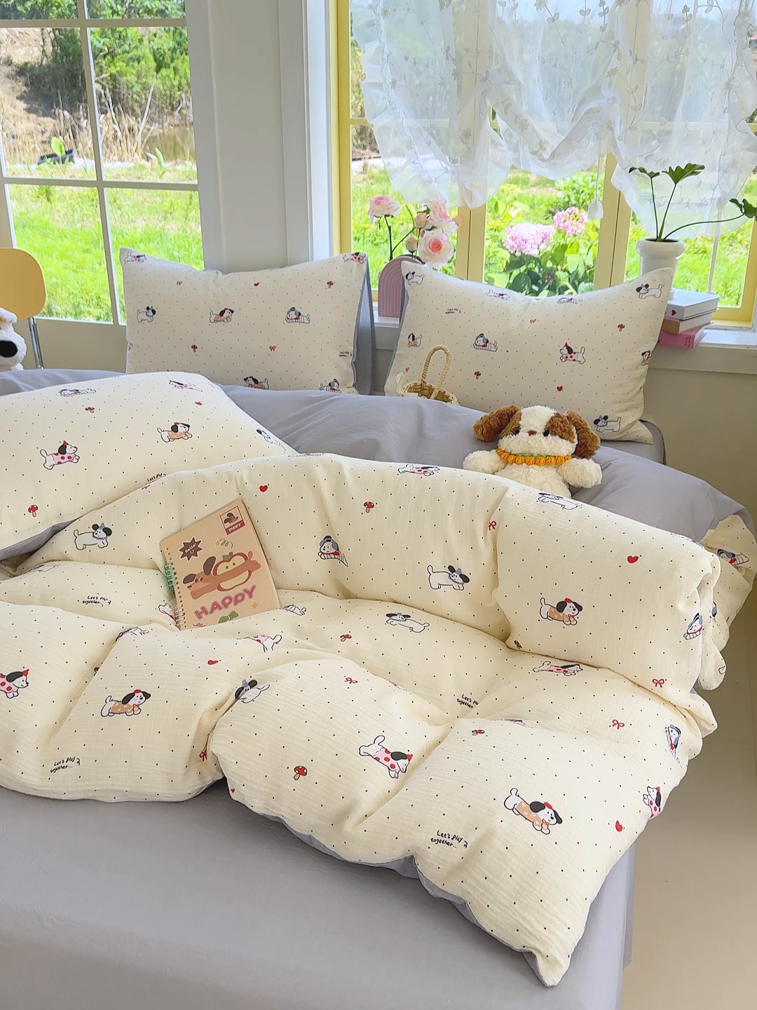 91家纺网 家纺一手货源 找家纺 颜选2025新款105克加厚双层纱木棉四件套（含买家秀） 狗狗派对