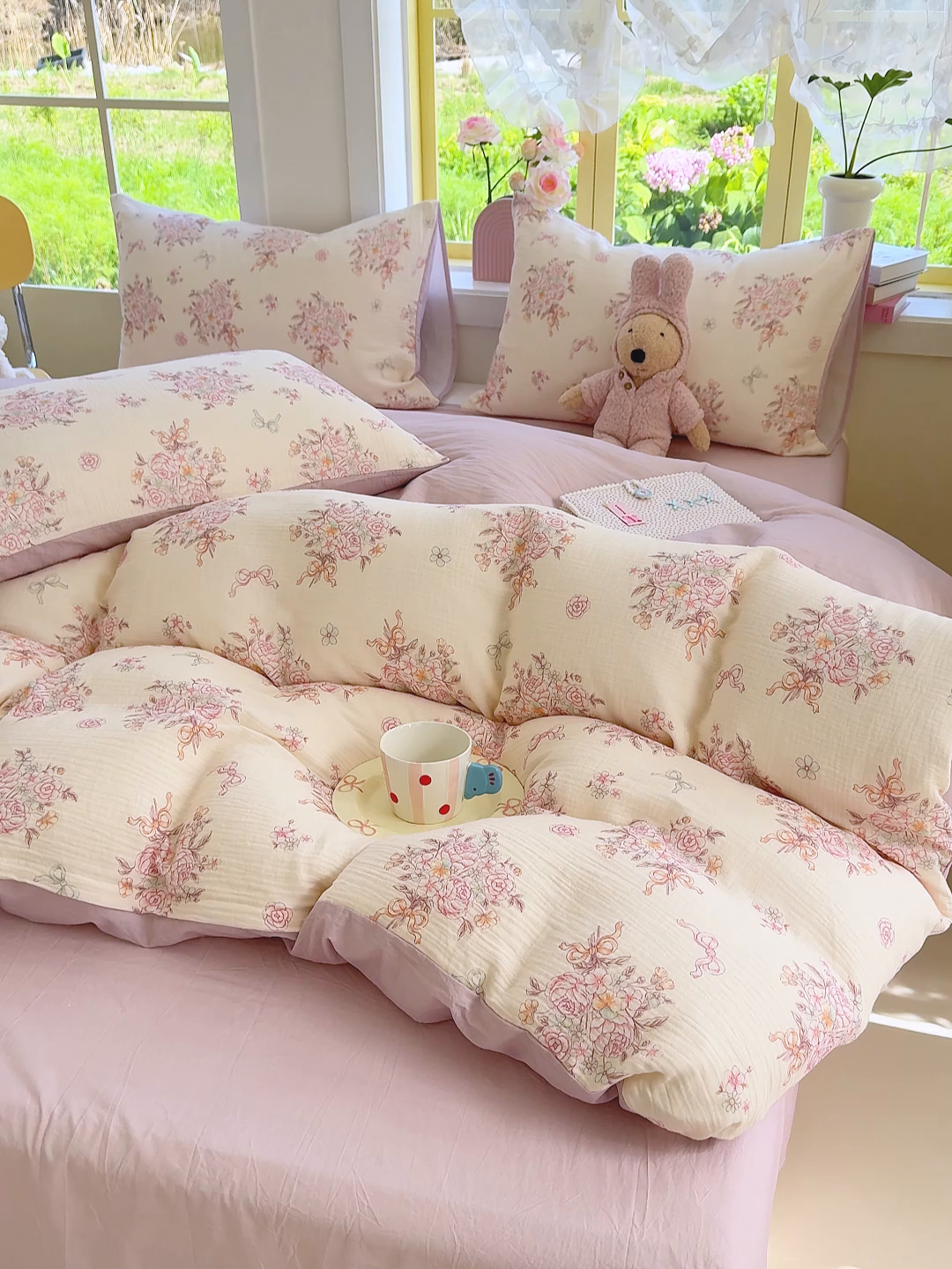 91家纺网 家纺一手货源 找家纺 颜选2025新款105克加厚双层纱木棉四件套（含买家秀） 淡雅花笺