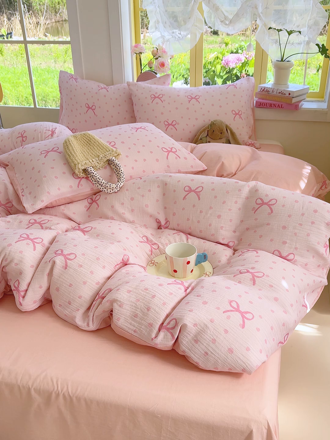 91家纺网 家纺一手货源 找家纺 颜选2025新款105克加厚双层纱木棉四件套（含买家秀） 波点蝴蝶结