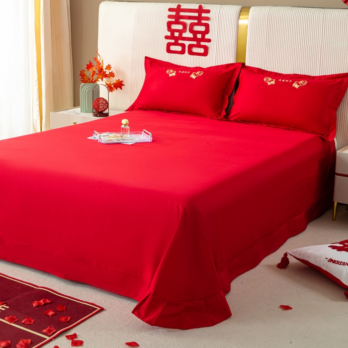 91家纺网 家纺一手货源 找家纺 银石 2025新款长绒棉婚庆绣花四件套 大喜日子-金