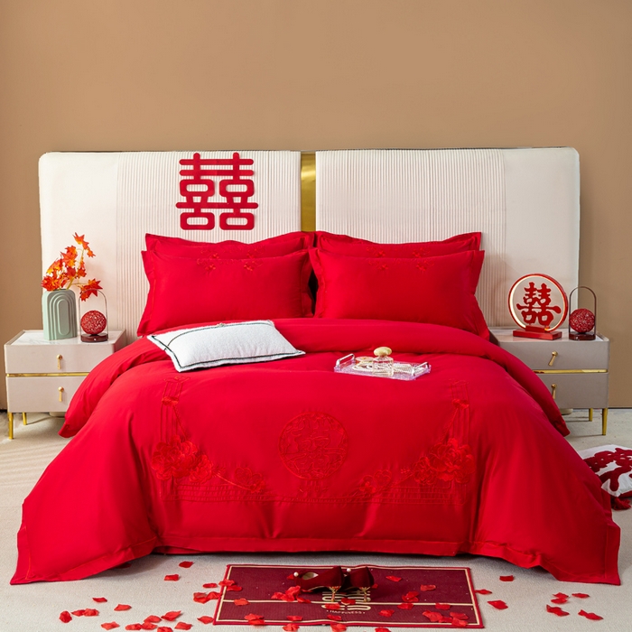 91家纺网 家纺一手货源 找家纺 银石 2026新款婚庆全棉刺绣四件套 喜上眉梢