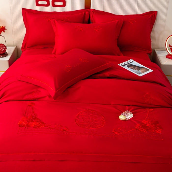 91家纺网 家纺一手货源 找家纺 （总）银石 2026新款长绒棉婚庆绣花四件套