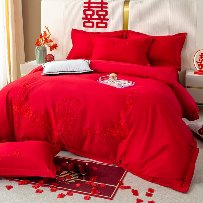 91家纺网 家纺一手货源 找家纺 （总）银石 2026新款长绒棉婚庆绣花四件套