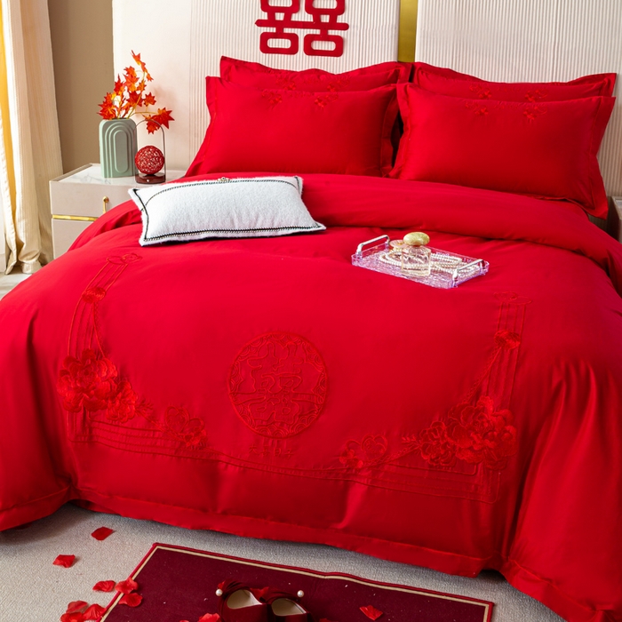 91家纺网 家纺一手货源 找家纺 （总）银石 2026新款长绒棉婚庆绣花四件套