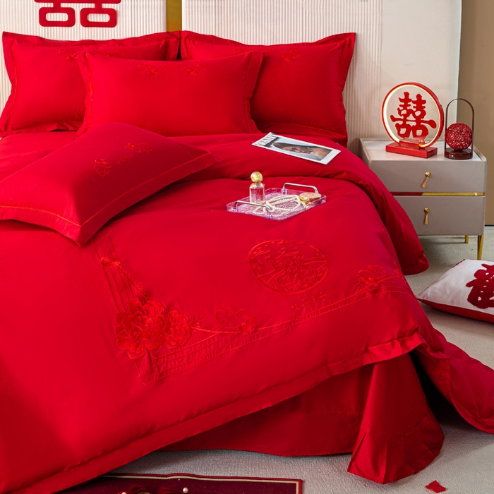 91家纺网 家纺一手货源 找家纺 （总）银石 2026新款长绒棉婚庆绣花四件套