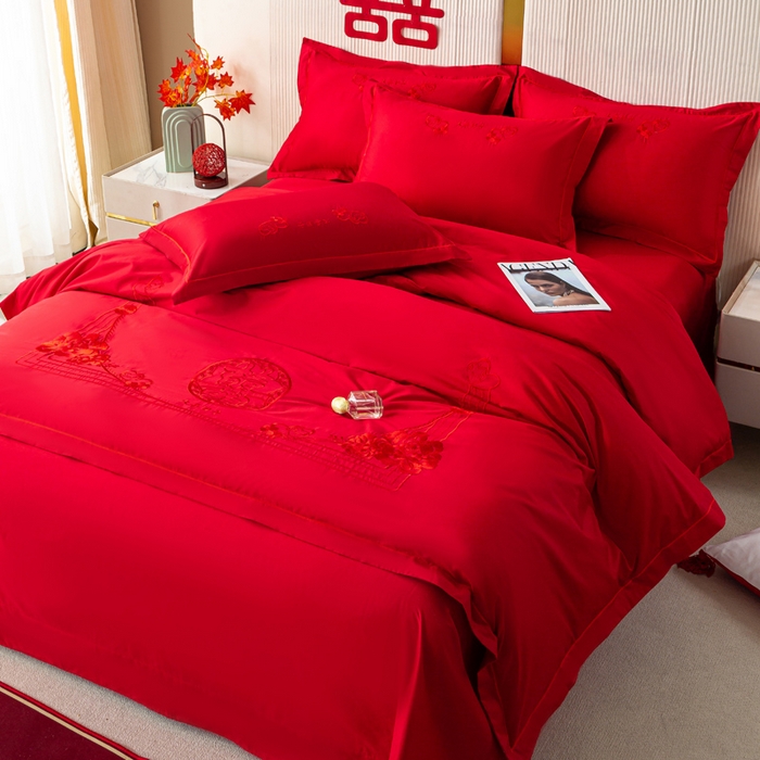 91家纺网 家纺一手货源 找家纺 （总）银石 2026新款长绒棉婚庆绣花四件套