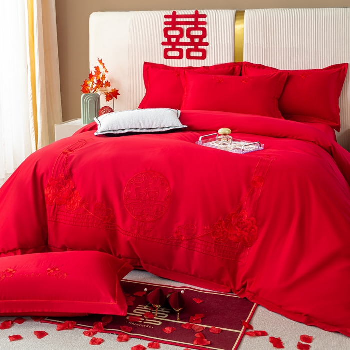 91家纺网 家纺一手货源 找家纺 （总）银石 2026新款长绒棉婚庆绣花四件套