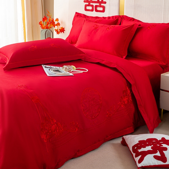 91家纺网 家纺一手货源 找家纺 （总）银石 2026新款长绒棉婚庆绣花四件套