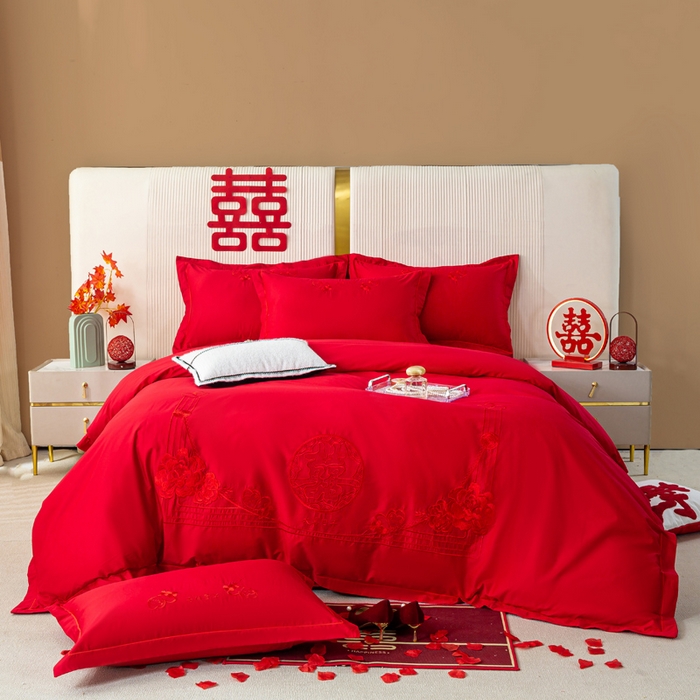 91家纺网 家纺一手货源 找家纺 （总）银石 2026新款长绒棉婚庆绣花四件套