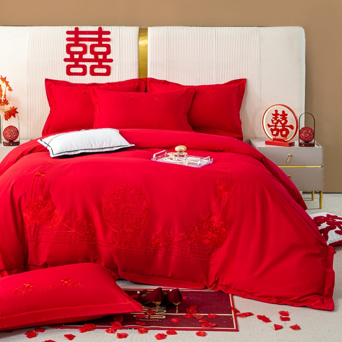 91家纺网 家纺一手货源 找家纺 （总）银石 2026新款长绒棉婚庆绣花四件套