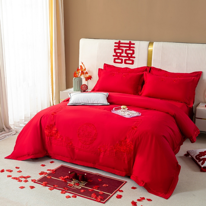 91家纺网 家纺一手货源 找家纺 （总）银石 2026新款长绒棉婚庆绣花四件套