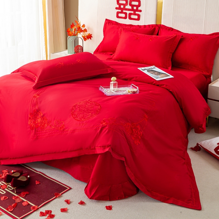 91家纺网 家纺一手货源 找家纺 （总）银石 2026新款长绒棉婚庆绣花四件套