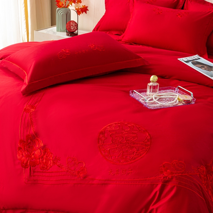 91家纺网 家纺一手货源 找家纺 （总）银石 2026新款长绒棉婚庆绣花四件套