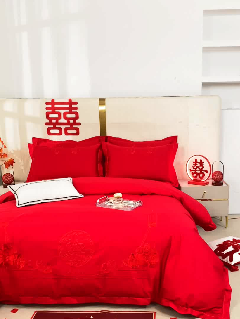 91家纺网 家纺一手货源 找家纺 （总）银石 2026新款长绒棉婚庆绣花四件套